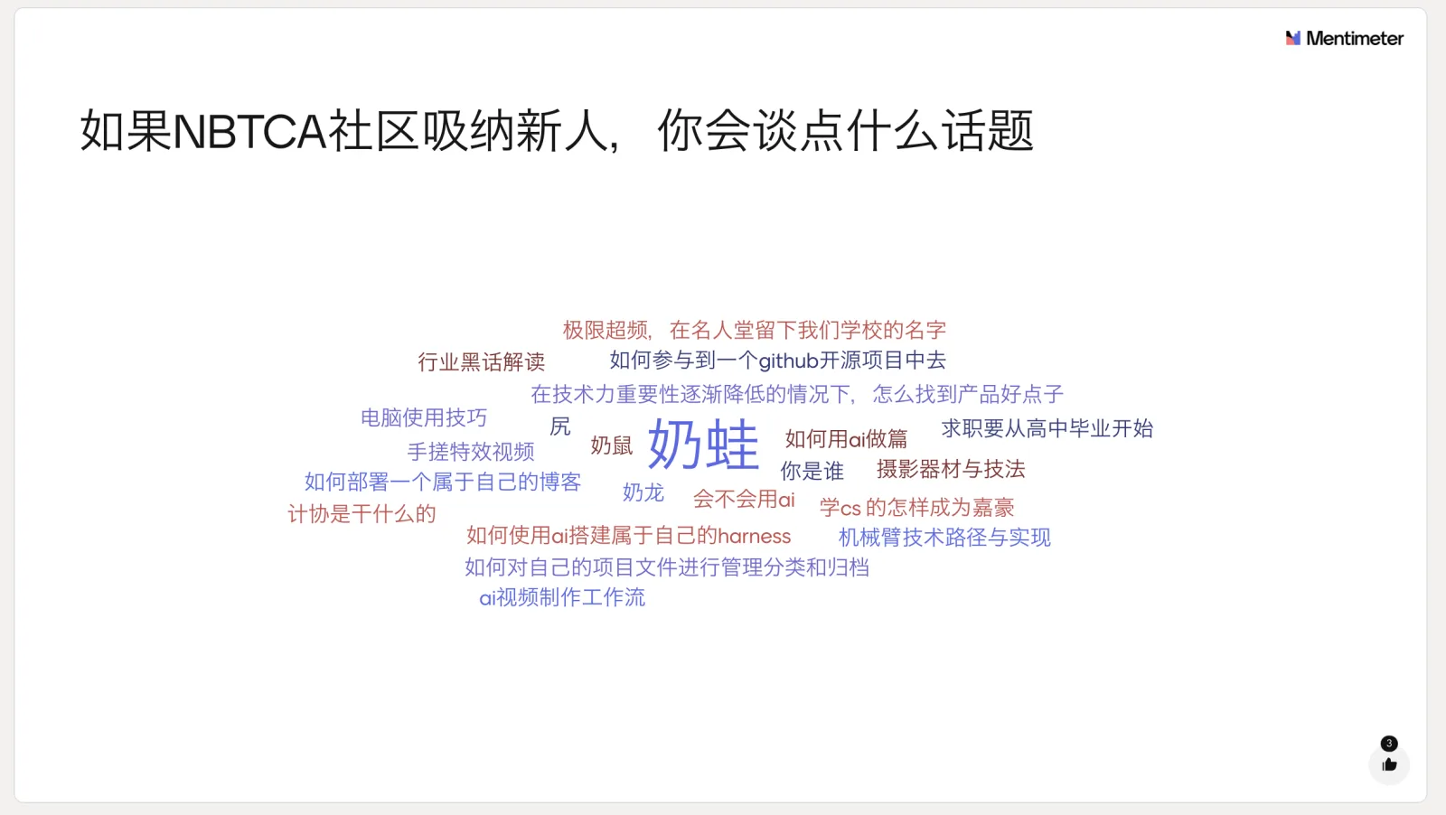 Mentimeter 生成的词云，标题写着“如果 NBTCA 社区吸纳新人，你会谈点什么话题”；票数最高的词条以最大字号居中，四周环绕着“如何参与到一个 github 开源项目中去”“在技术力重要性逐渐降低的情况下，怎么找到产品好点子”“如何部署一个属于自己的博客”“如何使用 ai 搭建属于自己的 harness”“机械臂技术路径与实现”“摄影器材与技法”“ai 视频制作工作流”“极限超频，在名人堂留下我们学校的名字”“计协是干什么的”等条目，中间夹着几条玩笑话