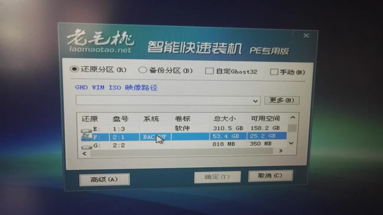 老毛桃智能快速装机 PE 专用版窗口,顶部四个单选项为还原分区、备份分区、自定义 Ghost32、手动运行,中间是 GHO WIM ISO 映像路径输入框,下方列出各分区的盘号、系统、卷标、总大小与可用空间