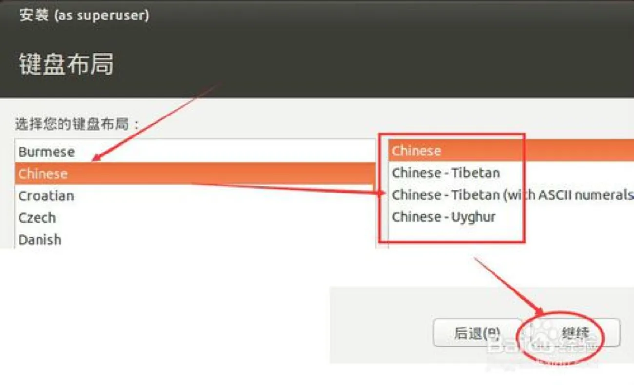 “键盘布局”页,左列选中 Chinese,右列展开 Chinese、Chinese - Tibetan 等子项,右下“继续”按钮被红圈标出