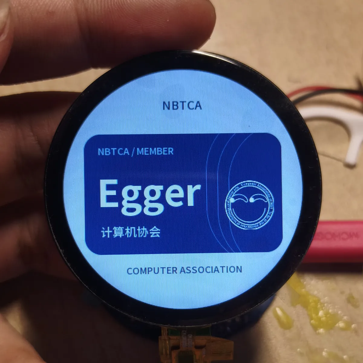 同一块电路板显示协会名片页:深蓝色卡片上写着 NBTCA / MEMBER、成员昵称 Egger 和“计算机协会”,右侧印着协会圆徽