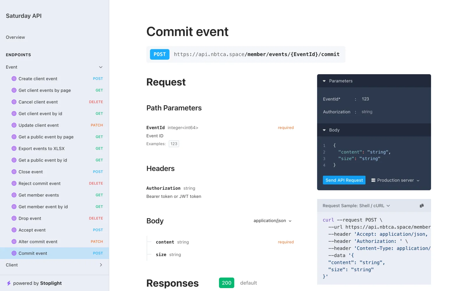 Saturday 在线接口文档中的“Commit event”页：左侧列出 Event 分组下的全部接口，中间是 POST 请求地址 /member/events/{EventId}/commit 和请求体字段 content、size，右侧是可以直接发送的请求面板和 curl 示例