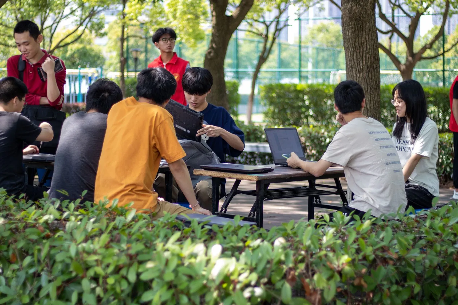 树荫下几张长桌拼成工位，队员与同学围坐着检修笔记本，一名志愿者在旁等候
